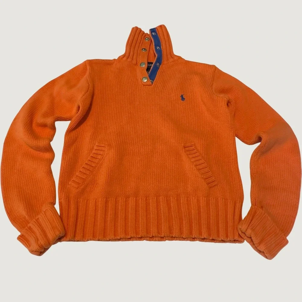 Ralph Lauren Sweater Orange Snap Neck Knit Pony Logo M Youth Preppy Cotton